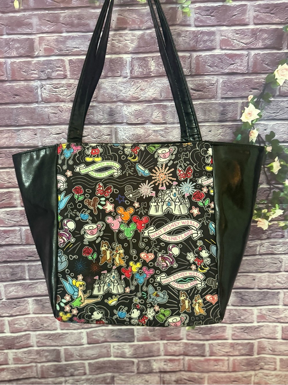 Black Disney-Themed Tote Bag with Multicolor Character Print includes wallet